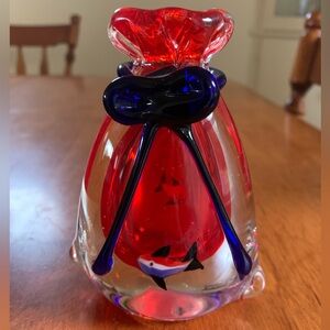 Murano Style Unique Art Glass Fish in a Bag Paperweight And Or Bud Vase 4” Tall